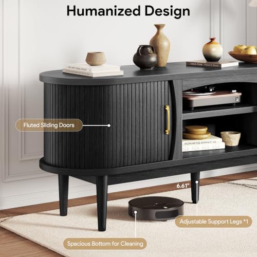 58" Fluted TV Stand, Mid Century Modern Entertainment Center, Black, view 4