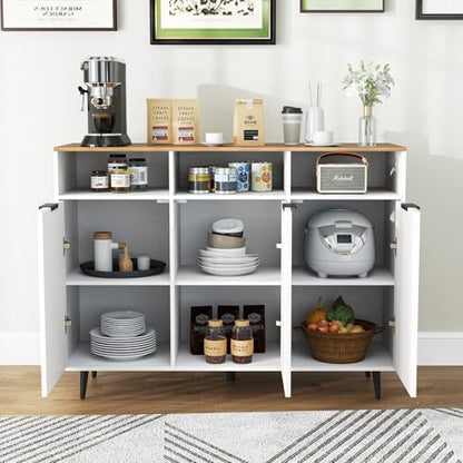 Sideboard Cabinet - 47” Buffet Cabinet with Storage Compartments, Countertop, 3 Doors Kitchen Cabinets, Modern Furniture for Living Room, Entryway, Coffee Bar (White & Natural)