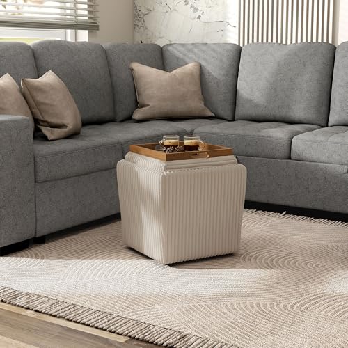 Lennox Modern Chenille 17-inch Square Storage Ottoman with Reversible Tray Top, Upholstered Footstool for Living Room, Bedroom, Entryway, Beige Pink