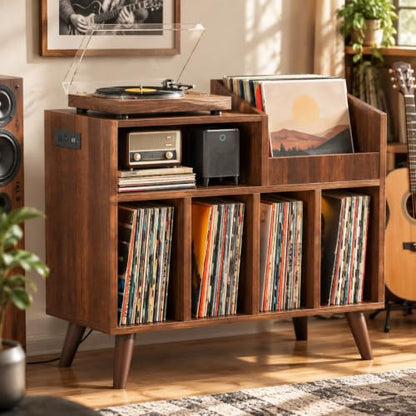 Large Record Player Stand with Built-in Outlet and LED Light, Walnut, view 2