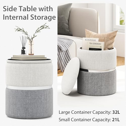 Ottoman with Storage - Set of 2 Storage Ottomans, 1 Large & 1 Small Nesting Ottoman Side Table, Upholstered Linen Round Foot Rest Vanity Stool for Bedroom Living Room (Gray)