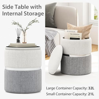 Ottoman with Storage - Set of 2 Storage Ottomans, 1 Large & 1 Small Nesting Ottoman Side Table, Upholstered Linen Round Foot Rest Vanity Stool for Bedroom Living Room (Gray)