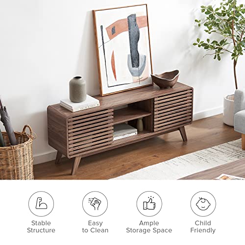 Ensley 59" Tall TV Stand with Slatted Door, Mid Century Modern Entertainment Center for 55-65 inch TV, Farmhouse Media Console with Storage, Adjustable Shelves, Round Edges, Living Room (Walnut)