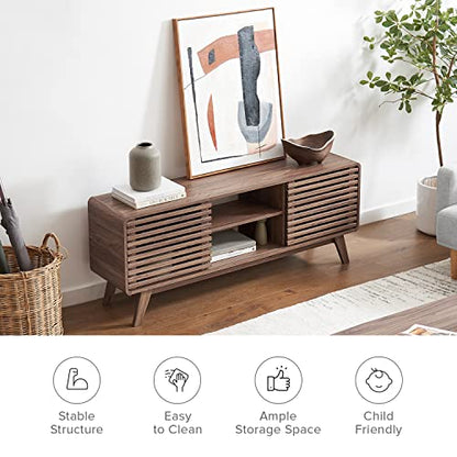 Ensley 59" Tall TV Stand with Slatted Door, Mid Century Modern Entertainment Center for 55-65 inch TV, Farmhouse Media Console with Storage, Adjustable Shelves, Round Edges, Living Room (Walnut)