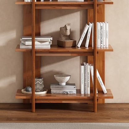 4 Shelf Narrow Teak Bookcase H-70 L-33 Acacia Wood Open Bookshelf, view 6