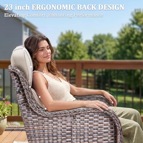 Luxury Swivel Rocker Chair Sofa Set with 6" Thick Cushions,8-Piece Wicker Patio Chair with Coffee Table and Ottoman,Outdoor Comfortable High Back Chair Patio Furniture Set - Brown | Beige