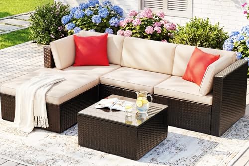 5 Pieces Patio Furniture Sets All Weather Outdoor Sectional Patio Sofa Manual Weaving Wicker Rattan Patio Seating Sofas with Cushion and Glass Table (Beige)