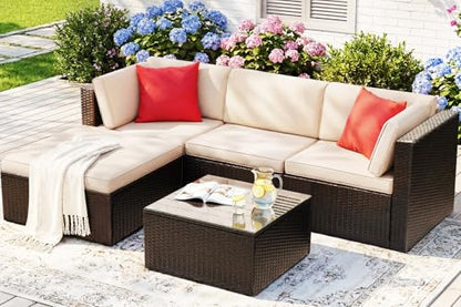 5 Pieces Patio Furniture Sets All Weather Outdoor Sectional Patio Sofa Manual Weaving Wicker Rattan Patio Seating Sofas with Cushion and Glass Table (Beige)
