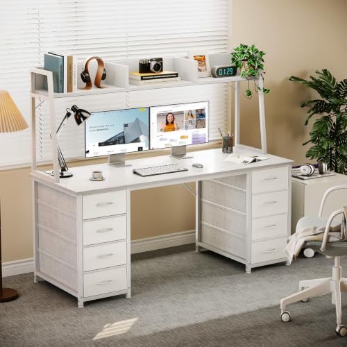 54 Inch Desk with Hutch and 8 Fabric Drawers, White, view 5