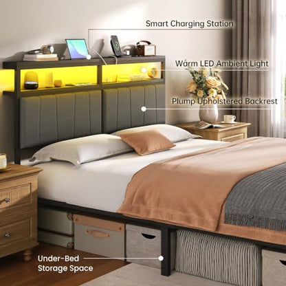 Queen Bed Frame with Storage Drawers and Charging Station, Grey, view 5