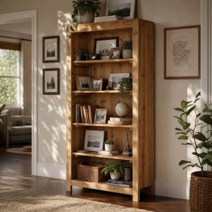 71" Solid Wood 5-Tier Tall Bookcase (1, Brown), view 6