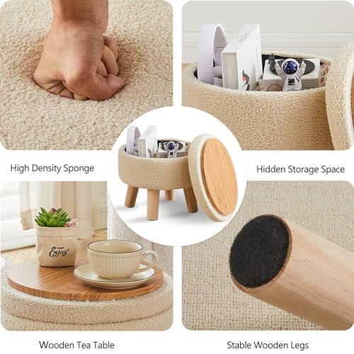 Storage Ottoman, Modern Round Footrest with Soft Padded Seat, Teddy Velvet Footstool with Wood Legs, Accent Small Table or Plant Stand for Hallway, Living Room (Off-White)