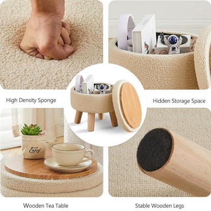 Storage Ottoman, Modern Round Footrest with Soft Padded Seat, Teddy Velvet Footstool with Wood Legs, Accent Small Table or Plant Stand for Hallway, Living Room (Off-White)