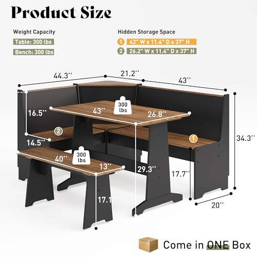 Corner Dining Table Set with Storage, 3-Piece L-Shaped Breakfast Nook Featuring Hidden Bench Storage, Compact Kitchen Dining Set for Small Spaces, Black & Oak