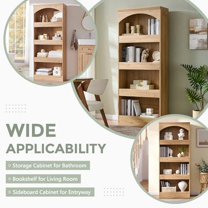 76" Tall Arched Bookcase with 1PC Magnetic Lock Drawer, Modern Wooden Arch Bookshelf w/3 Pull-Out Drawers, Farmhouse 4 Tiers Book Shelf w/Open Shelves for Living Room, Office (Natural)