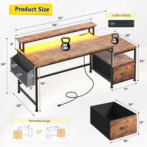 57" Office Desk with Drawers & Printer Space for Home Work,Brown, view 3