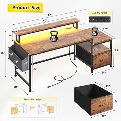 57" Office Desk with Drawers & Printer Space for Home Work,Brown, view 3