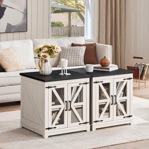 Farmhouse End Table Set of 2,24" Large Sofa Side Table with Charging Station Glass Barn Door,Wood Nightstand with Adjustable Storage Shelf,Square Bedside Table for Living Room,Bedroom,Office-White