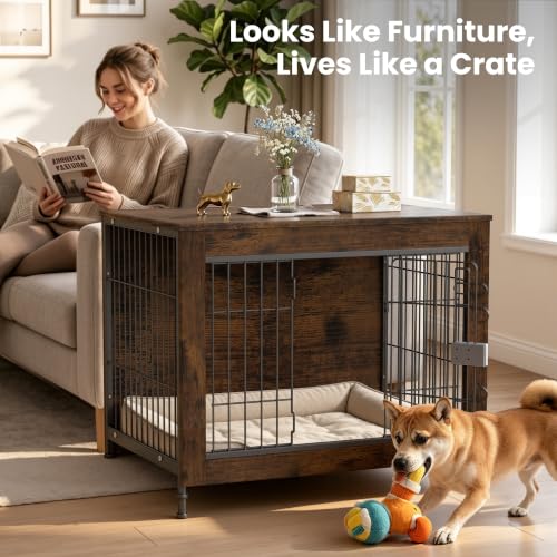 Wooden Dog Crate Furniture 32" for High Anxiety Medium Dogs, Aged Black, view 3