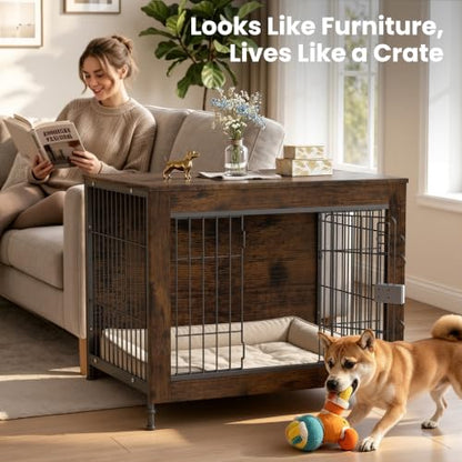 Wooden Dog Crate Furniture 32" for High Anxiety Medium Dogs, Aged Black, view 3