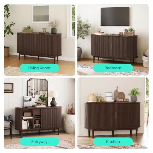 55" Sideboard Buffet Cabinet,Tambour Sliding Doors & Drawer, view 7