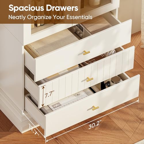 White arched kitchen pantry cabinet with gold handles, dual glass doors and open shelves, view 7
