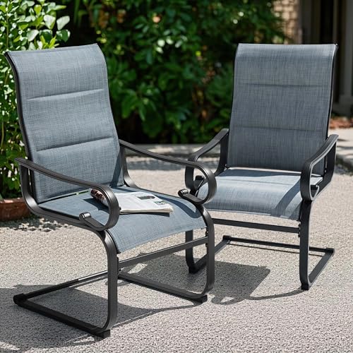 Set of 2 Padded Textilene Patio Dining Chairs C Spring Outdoor Chairs with Curved Armrests Powder Coated Metal Frame Patio Furniture for Garden Backyard Poolside Lawn Blue and Black