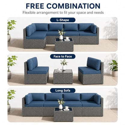 5-Piece Patio Furniture Set, All-Weather Wicker Outdoor Sectional Sofa with Soft Cushions, Modular Conversation Set for Backyard, Deck, Garden & Poolside(Aegean Blue Cushion)