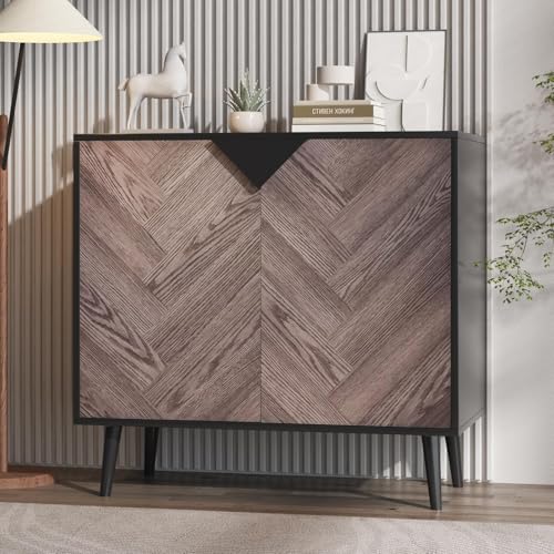 Wood Finish Storage Free Standing Accent Cabinet, Buffet Cabinet with Doors, Sideboard Table with Storage for Dining Room, Entryway, Black+Grey, 15.8" D x 31.5" W x 29.3" H