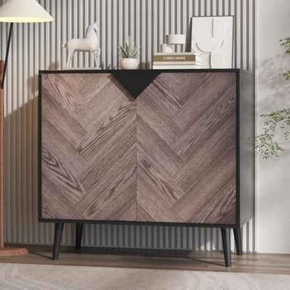 Wood Finish Storage Free Standing Accent Cabinet, Buffet Cabinet with Doors, Sideboard Table with Storage for Dining Room, Entryway, Black+Grey, 15.8" D x 31.5" W x 29.3" H
