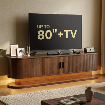 70" TV Stand up to 80 Inch with LED Lights and Power Outlet, Walnut, view 2