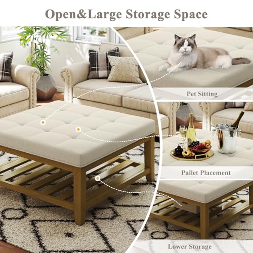 Large Square Ottoman Coffee Table, Linen Solid Upholstered Footrest Ottoman with Solid Wood Shelf Storage Tufted Coffee Table for Bedroom Living Room, Ivory