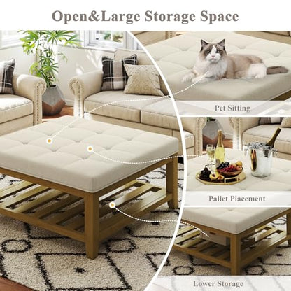 Large Square Ottoman Coffee Table, Linen Solid Upholstered Footrest Ottoman with Solid Wood Shelf Storage Tufted Coffee Table for Bedroom Living Room, Ivory
