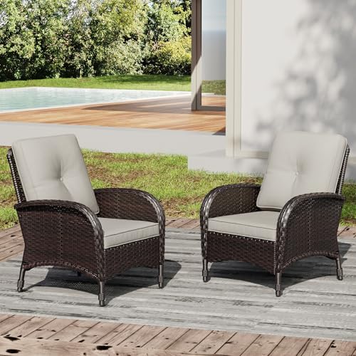 Wicker Patio Chairs Set of 2, Rattan Outdoor Furniture with Thickened Cushions, High Back, Deep Seating, Wide Armrest, Outdoor Chairs for Porch, Deck