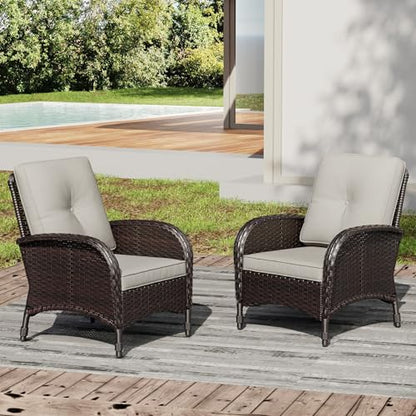 Wicker Patio Chairs Set of 2, Rattan Outdoor Furniture with Thickened Cushions, High Back, Deep Seating, Wide Armrest, Outdoor Chairs for Porch, Deck