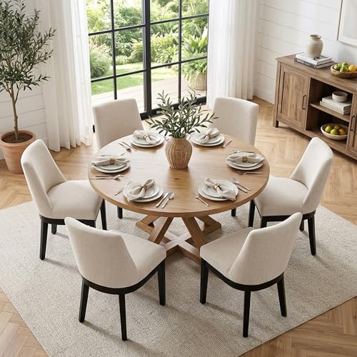 Modern Dining Chairs Set of 4 with Comfortable Back Support, Farmhouse Soft Linen Upholstered Dining Room Chairs with Black Solid Wood Legs, Armless Kitchen Side Chairs for Living Room, Beige
