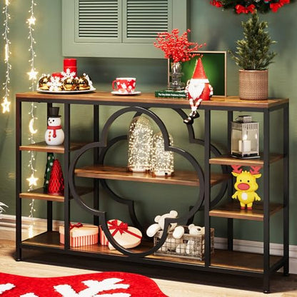 47" Farmhouse Console Tables for Entryway Retro Sofa Table Behind Couch Open Display Storage Shelves for Foyer, Hallway, Front Door,Living Room,Elegant Four-Leaf Clover (Rustic Brown, 47")