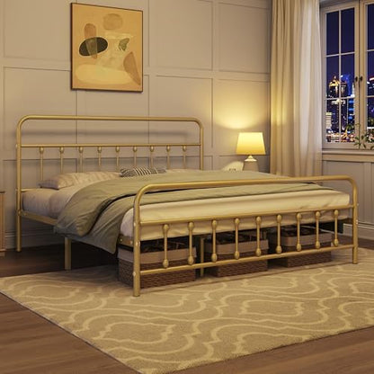 King Metal Bed Frame, Victorian Style Headboard, Antique Gold, view 4