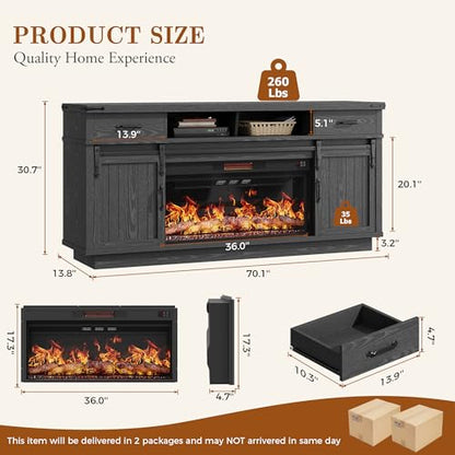 70'' Fireplace TV Stand with 36‘’ Electric Fireplace, view 3