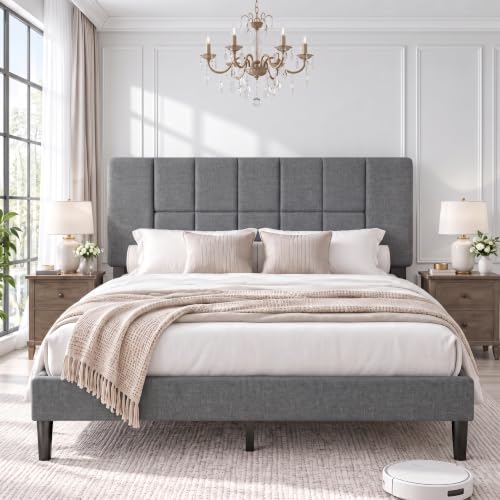 Queen Size Bed Frame with Headboard, Modern Bed Frame, Gray, view 2
