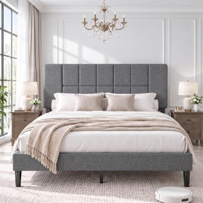 Queen Size Bed Frame with Headboard, Modern Bed Frame, Gray, view 2