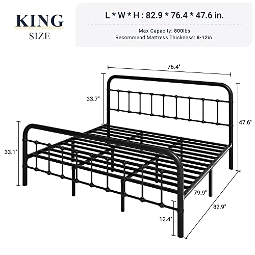 King Metal Bed Frame with Victorian Iron-Art Headboard, Black, view 3