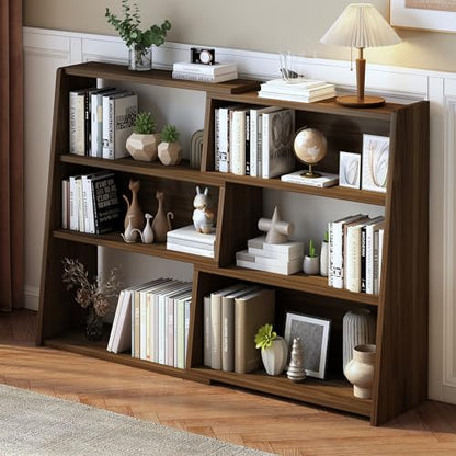 IOTXY Wooden Extendable Shelf Bookcase, 3-Tier Low Bookshelf, Walnut, L, view 2