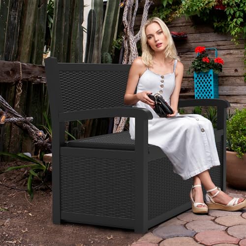 80 Gallon Outdoor Storage Bench, Lockable All-Weather Resin Seating with Hidden Storage Deck Box, Waterproof Patio Furniture for Pool Garden (Black)