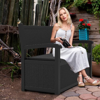 80 Gallon Outdoor Storage Bench, Lockable All-Weather Resin Seating with Hidden Storage Deck Box, Waterproof Patio Furniture for Pool Garden (Black)