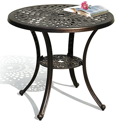 30 Inches Round Patio Dining Table with Umbrella Hole, Antique Cast Aluminum Outdoor Bistro Table Outdoor Side Table for Backyard, Garden, Patio, Porch, Hammered Bronze