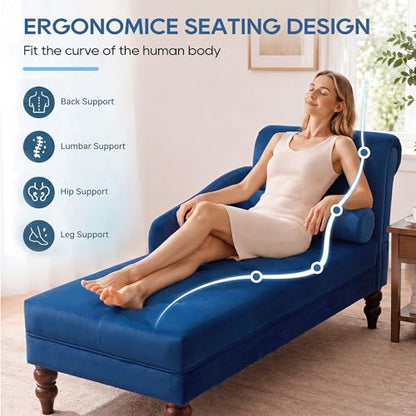 Chaise Lounge Chair Indoor with Right Armrest, Velvet, Blue, view 5