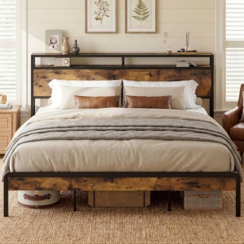 King Size Bed Frame with 2-Tier Storage Shelf Headboard, view 2