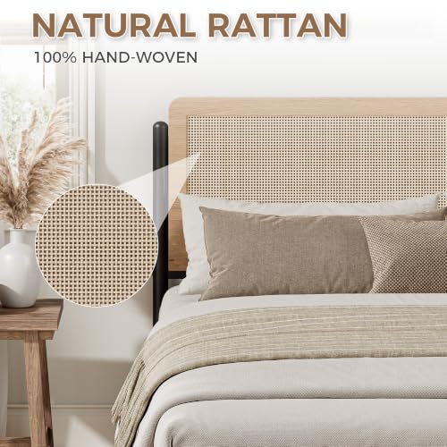 Natural Rattan Queen Bed Frame with Wooden Headboard, view 6