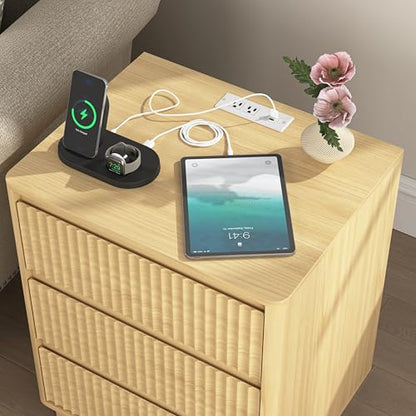 End Table Set of 2 with Fast USB C Charging Station, Sofa Side Table with 3Drawers, Large Storage Modern Wood Storage Cabinet for Living Room,Bedroom,Office, Natural